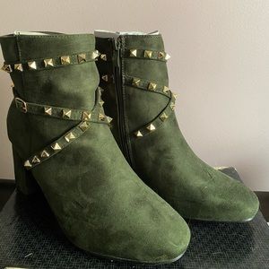 Olive Green and Gold Studded Heeled Boots